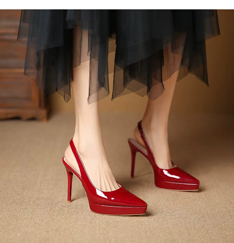 Pointed Toe Patent Leather Elastic Band High Heels Sandals