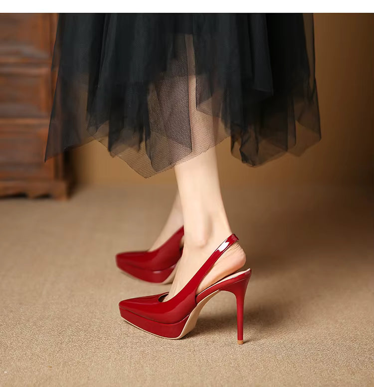 Pointed Toe Patent Leather Elastic Band High Heels Sandals