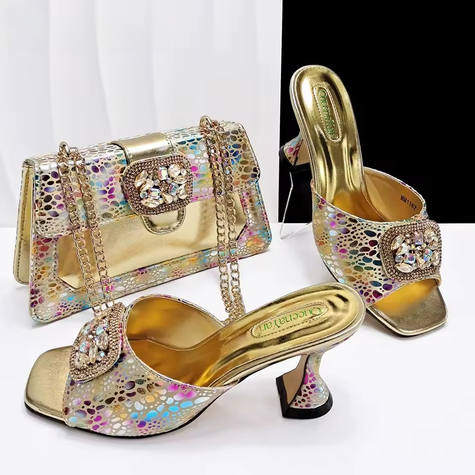 Square Toe Sandals With Matching Handbag Set Perfect for Weddings and Parties