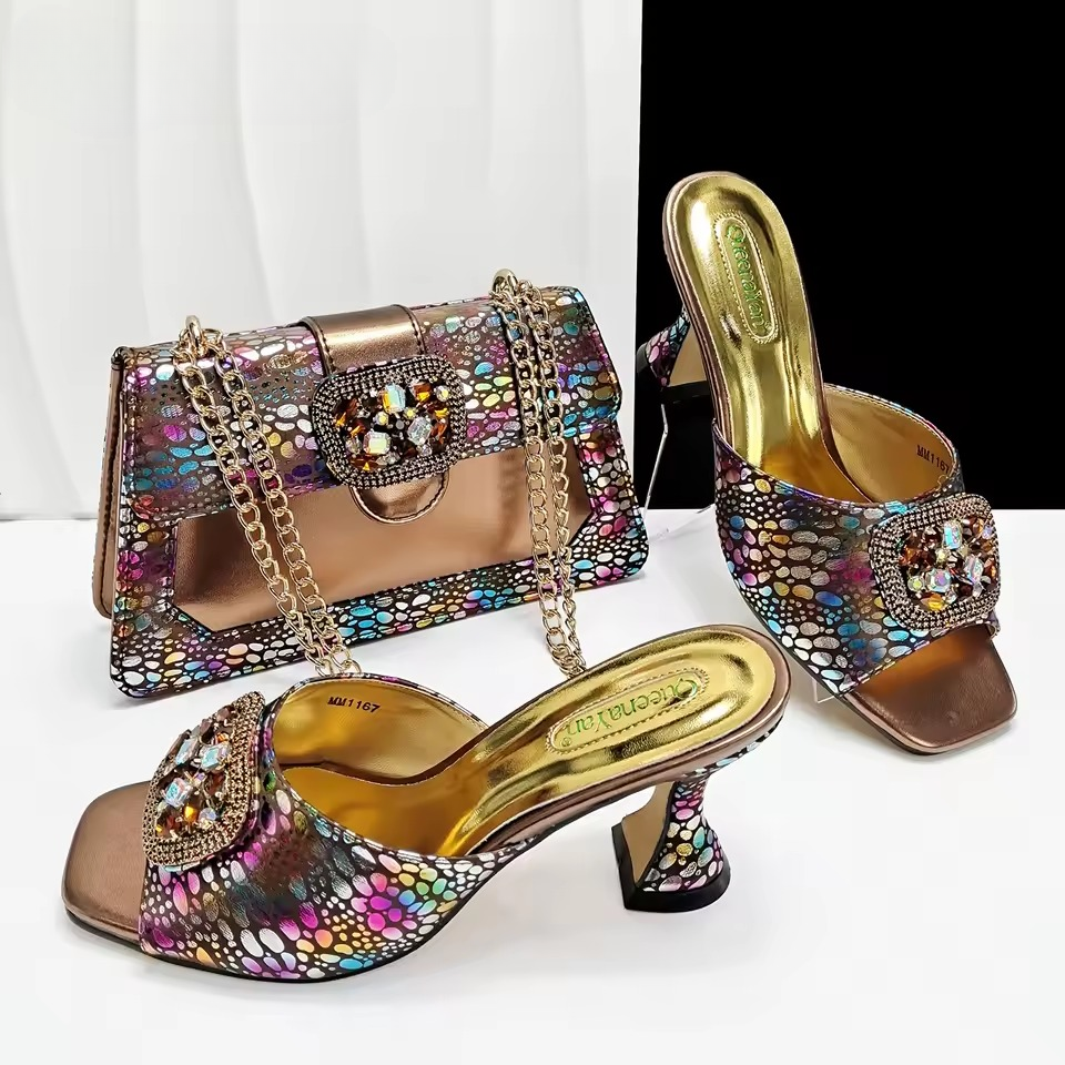 Square Toe Sandals With Matching Handbag Set Perfect for Weddings and Parties