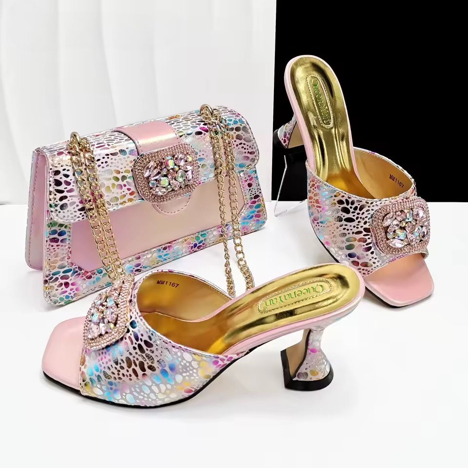Square Toe Sandals With Matching Handbag Set Perfect for Weddings and Parties