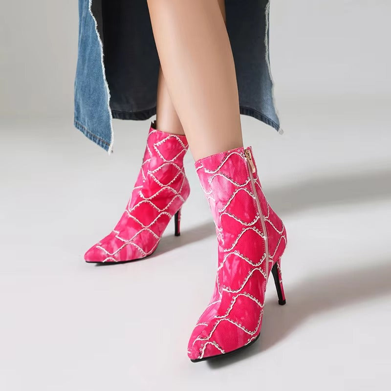 Pointed toe SLIP-ON thin high heels Plus size party Ankle boot