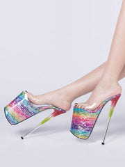 Pole Dance Shoes High Heel Sandals Leather Peep Toe Laser Stripper Shoes
