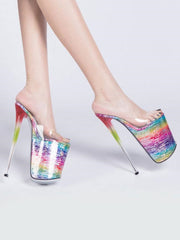 Pole Dance Shoes High Heel Sandals Leather Peep Toe Laser Stripper Shoes