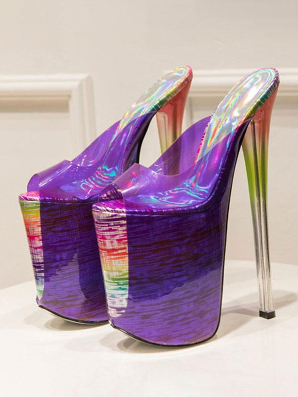 Pole Dance Shoes High Heel Sandals Leather Peep Toe Laser Stripper Shoes