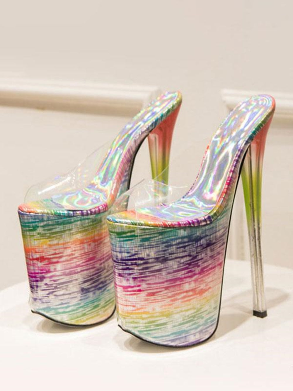 Pole Dance Shoes High Heel Sandals Leather Peep Toe Laser Stripper Shoes