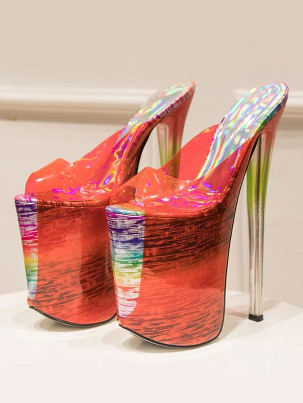 Pole Dance Shoes High Heel Sandals Leather Peep Toe Laser Stripper Shoes