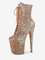 Pole Dance Shoes Women's Glitter Lace Up Stiletto Heel Ankle Boots with Platform