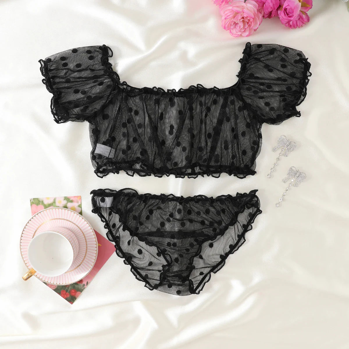 Polka Dot Pattern Semi-sheer Design Lingeries Sexys Woman Bustier Top And Panty Sets Clothing Summer Outfit