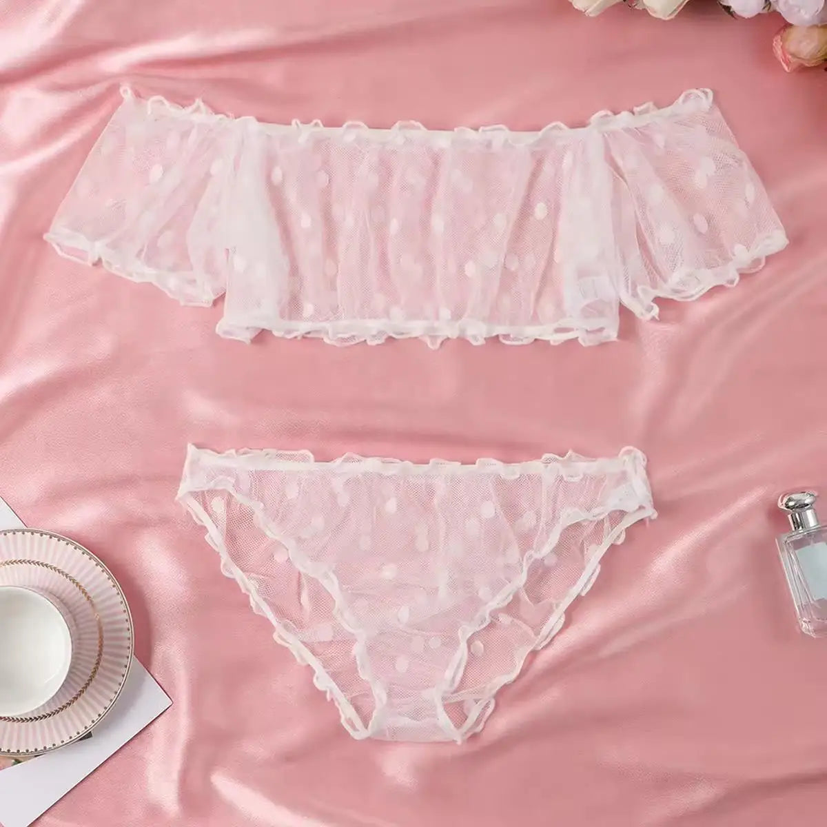 Polka Dot Pattern Semi-sheer Design Lingeries Sexys Woman Bustier Top And Panty Sets Clothing Summer Outfit
