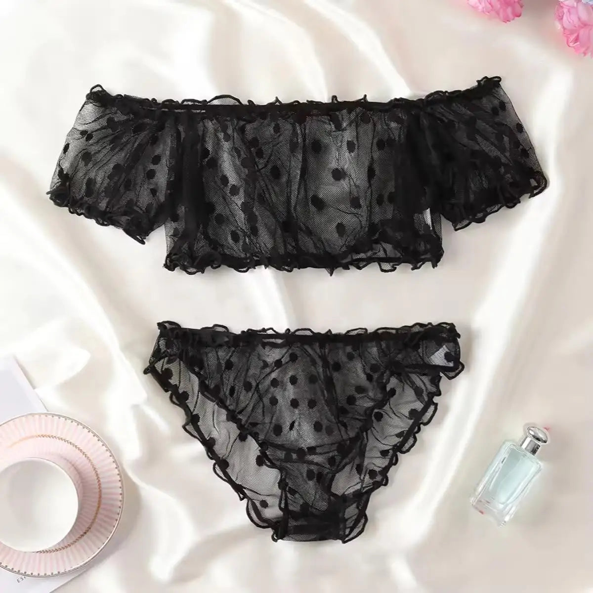 Polka Dot Pattern Semi-sheer Design Lingeries Sexys Woman Bustier Top And Panty Sets Clothing Summer Outfit