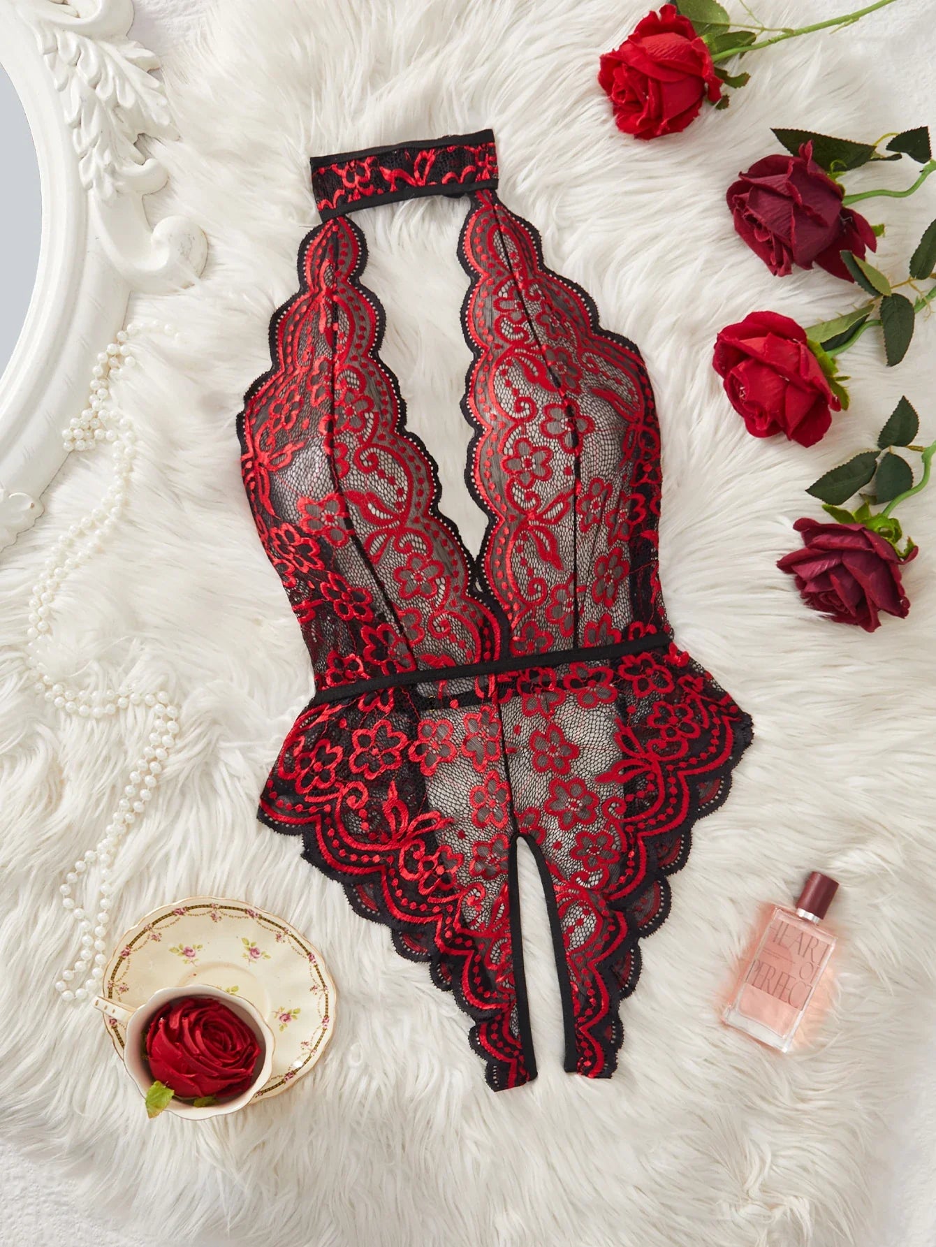 Porn Backless Seductive Red Sheer Lace Body Lingerie Deep V Open Crotch Erotic Clothing Fantasy Doll Outfit Bodysuit