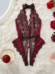 Porn Backless Seductive Red Sheer Lace Body Lingerie Deep V Open Crotch Erotic Clothing Fantasy Doll Outfit Bodysuit