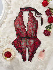 Porn Backless Seductive Red Sheer Lace Body Lingerie Deep V Open Crotch Erotic Clothing Fantasy Doll Outfit Bodysuit