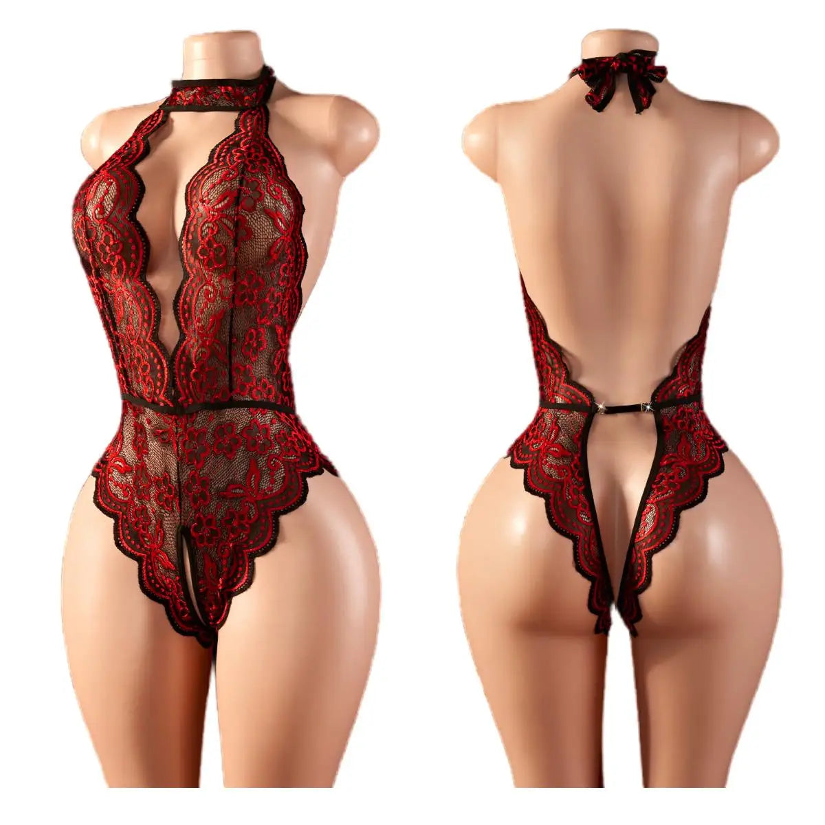 Porn Backless Seductive Red Sheer Lace Body Lingerie Deep V Open Crotch Erotic Clothing Fantasy Doll Outfit Bodysuit