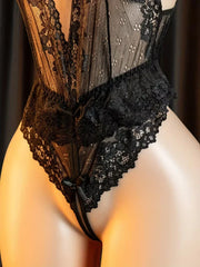 Porn Crotchless Lingerie Lace Bra Set Erotic Costume Nightie Deep V Open Bodysuit Femme Teddy Babydoll Dress