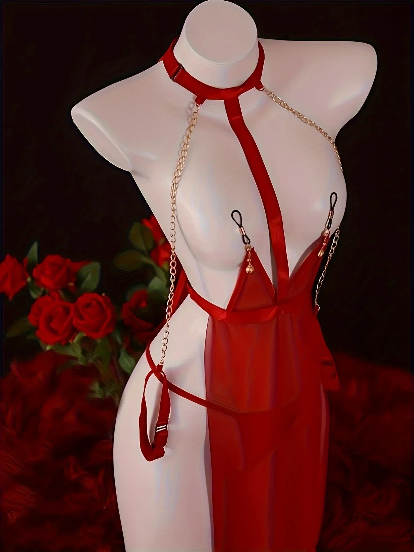 Porn Red Lingerie Set Sheer Mesh Bodysuit with Golden Chain Straps,Romantic Nightwear,Exotic Babydolls