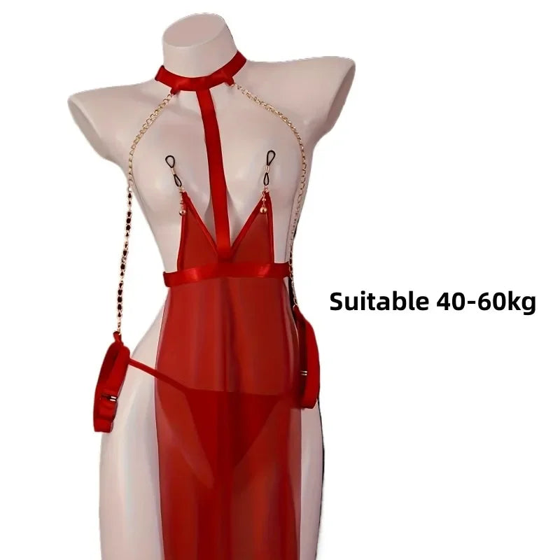 Porn Red Lingerie Set Sheer Mesh Bodysuit with Golden Chain Straps,Romantic Nightwear,Exotic Babydolls