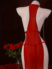 Porn Red Lingerie Set Sheer Mesh Bodysuit with Golden Chain Straps,Romantic Nightwear,Exotic Babydolls