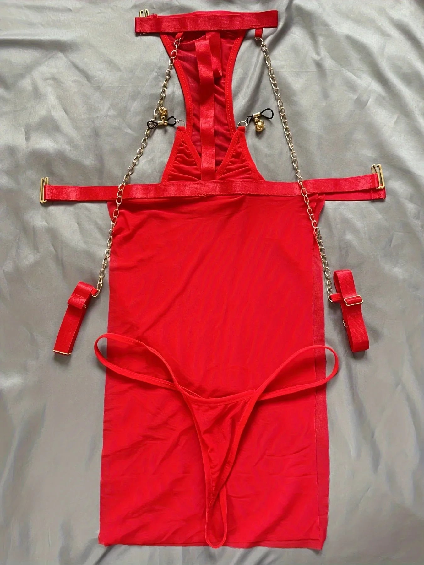 Porn Red Lingerie Set Sheer Mesh Bodysuit with Golden Chain Straps,Romantic Nightwear,Exotic Babydolls