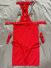 Porn Red Lingerie Set Sheer Mesh Bodysuit with Golden Chain Straps,Romantic Nightwear,Exotic Babydolls