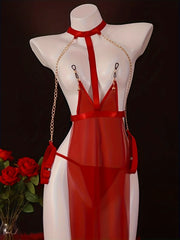 Porn Red Lingerie Set Sheer Mesh Bodysuit with Golden Chain Straps,Romantic Nightwear,Exotic Babydolls
