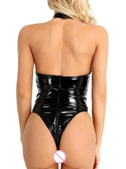 Porn Suit Black PU Leather Bodysuit Backless Zipper Crotch Lingerie Underwear Exotic Teddies Erotic Costumes