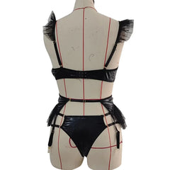 Porn Suit Lingerie PU Patent Leather Cute Mesh Poncho Edge Bra and Panties with Garter Set Passion Exotic Sets