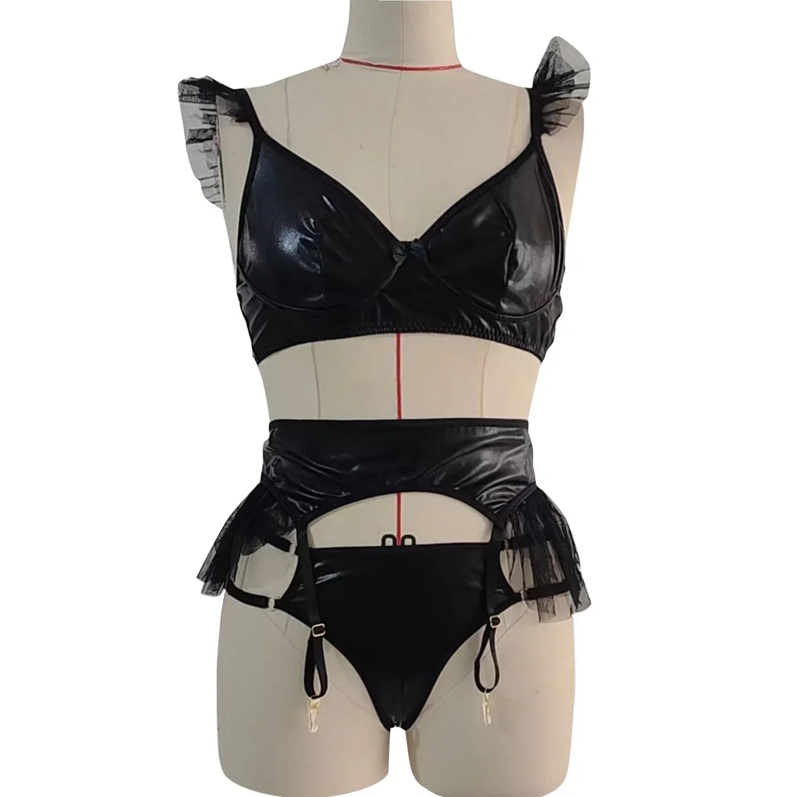 Porn Suit Lingerie PU Patent Leather Cute Mesh Poncho Edge Bra and Panties with Garter Set Passion Exotic Sets