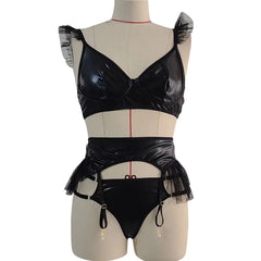 Porn Suit Lingerie PU Patent Leather Cute Mesh Poncho Edge Bra and Panties with Garter Set Passion Exotic Sets