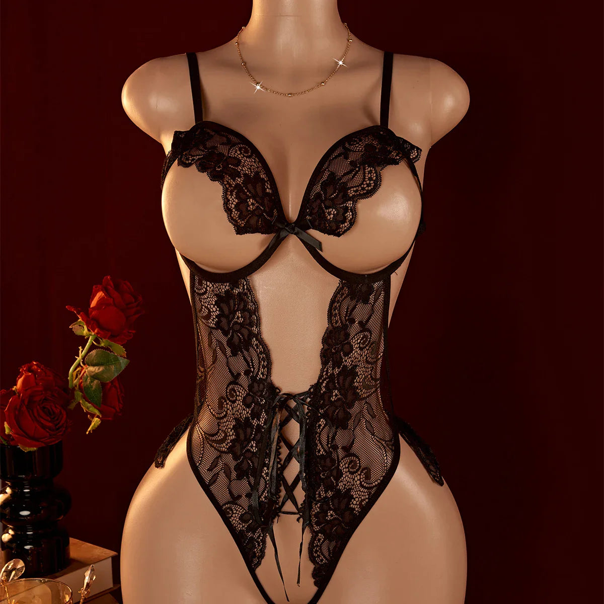 Porn Open Bra Strap Lingerie Lace Night Dress Underwear Black Erotic Babydoll Sleepwear Backless Nightwear Chemises