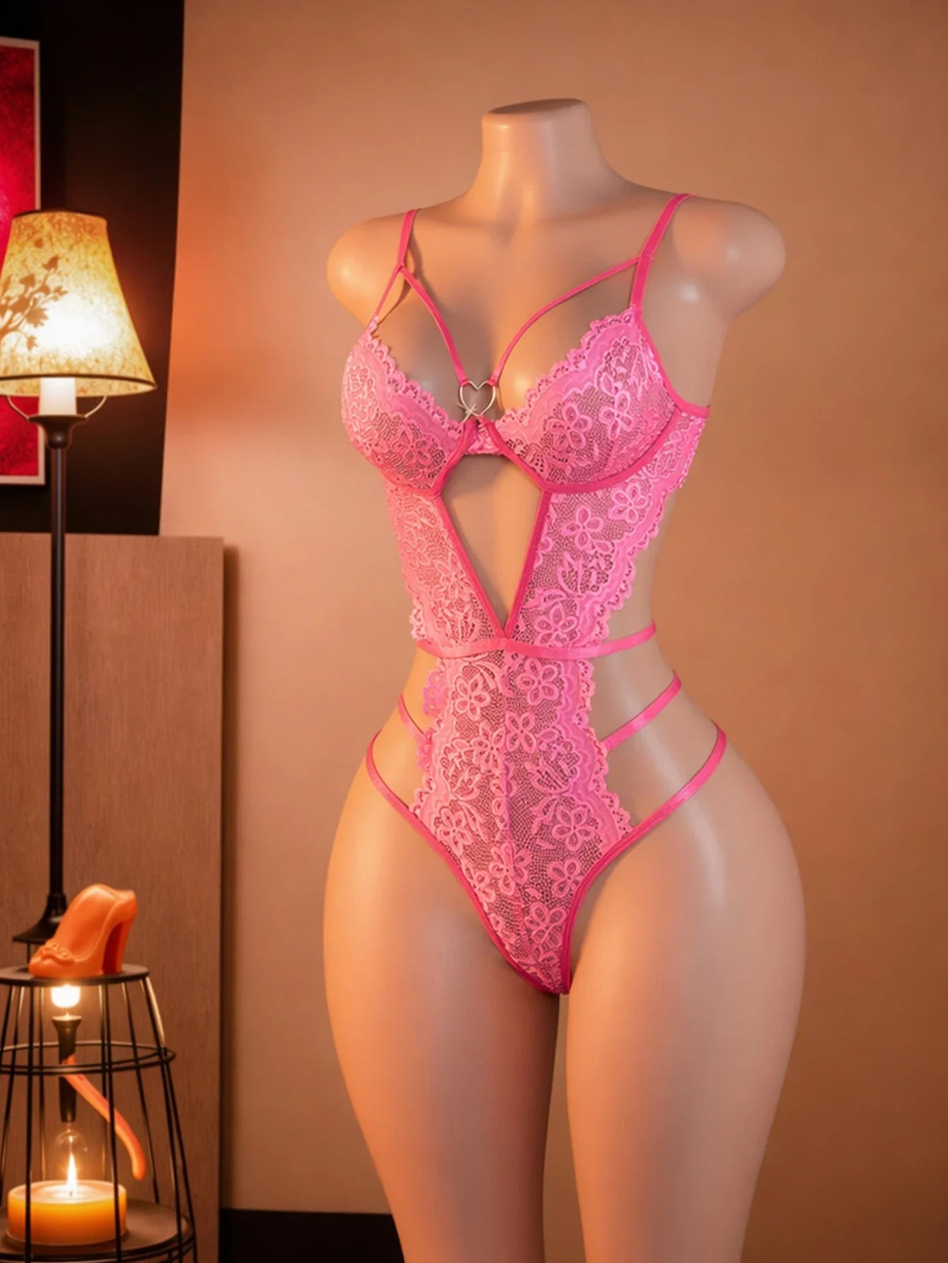 Premium Luxury Teddy Bodysuit With Sheer Intricate Lace Trim Cutout Design Shaping Lingerie Nightwear