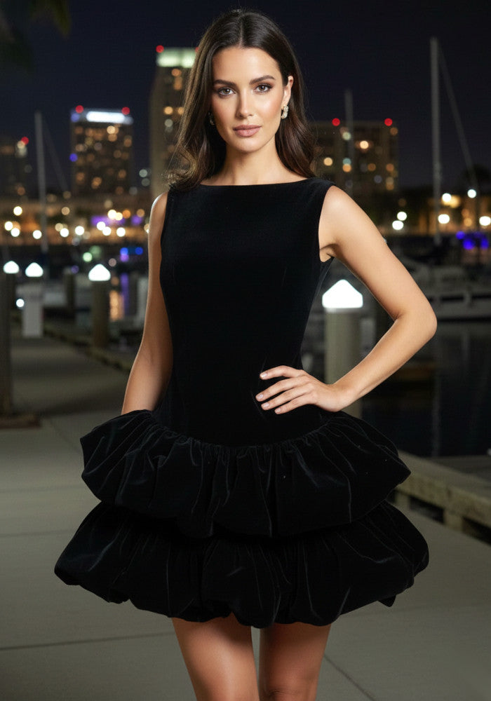 Puff Detail Velvet Dress Black