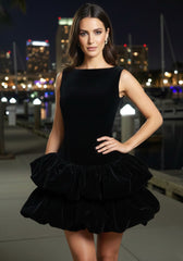 Puff Detail Velvet Dress Black