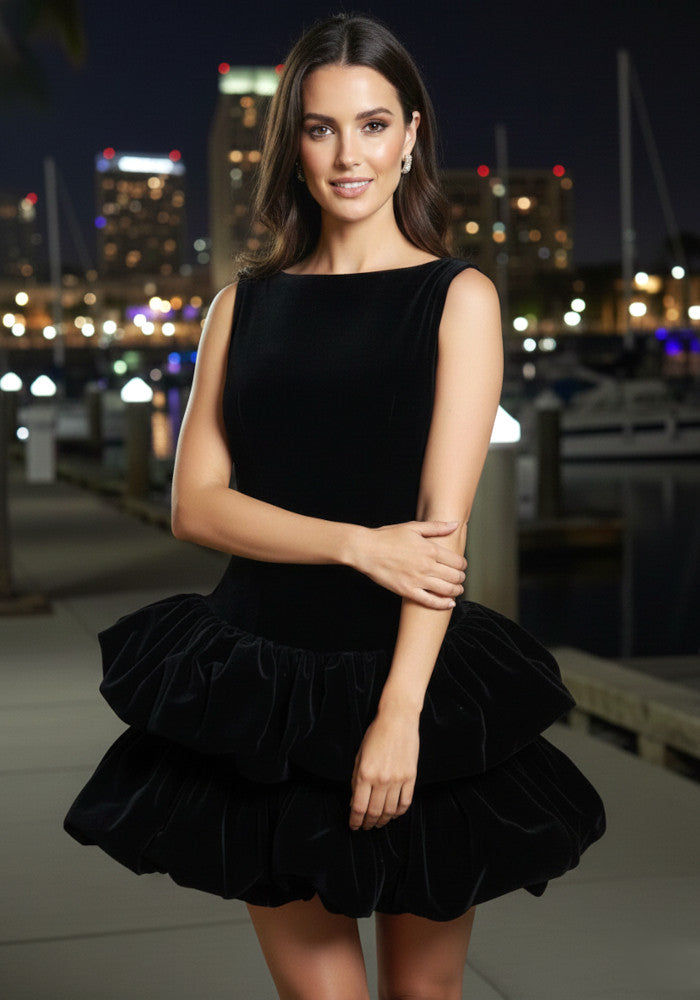 Puff Detail Velvet Dress Black