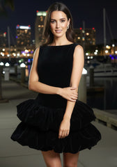 Puff Detail Velvet Dress Black