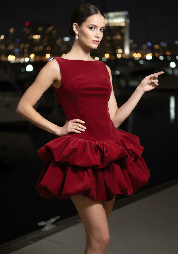 Puff Detail Velvet Dress Red