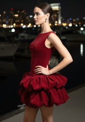 Puff Detail Velvet Dress Red