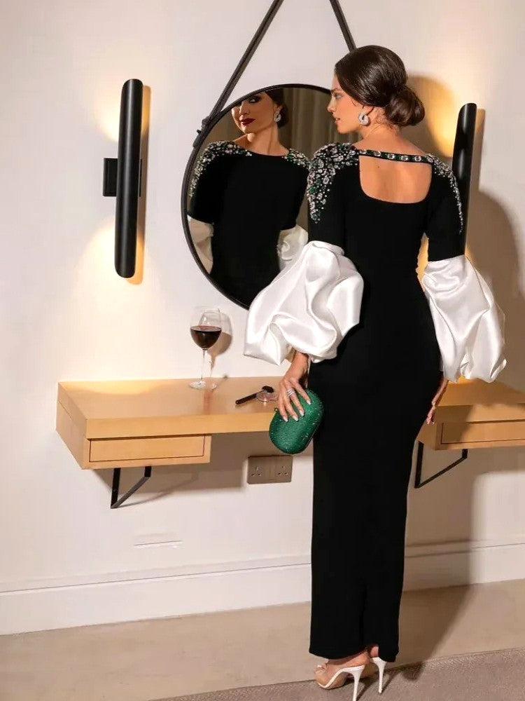 Puff Long Sleeve Crystal Maxi Dress Black White