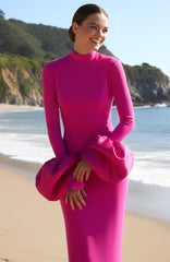 Puff Detail Long Sleeve Maxi Dress Hot Pink