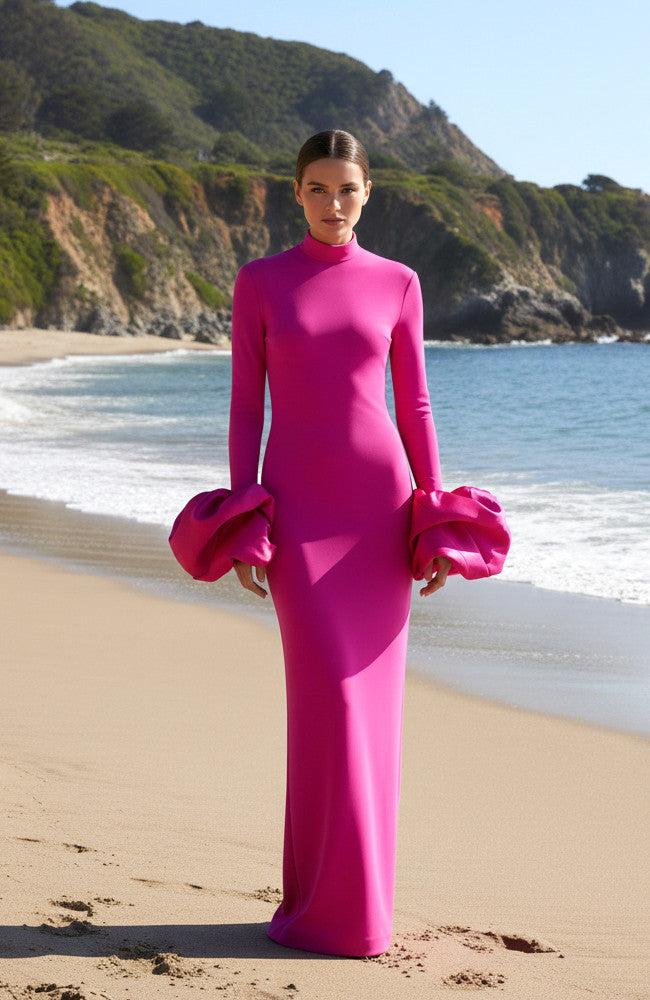 Puff Detail Long Sleeve Maxi Dress Hot Pink