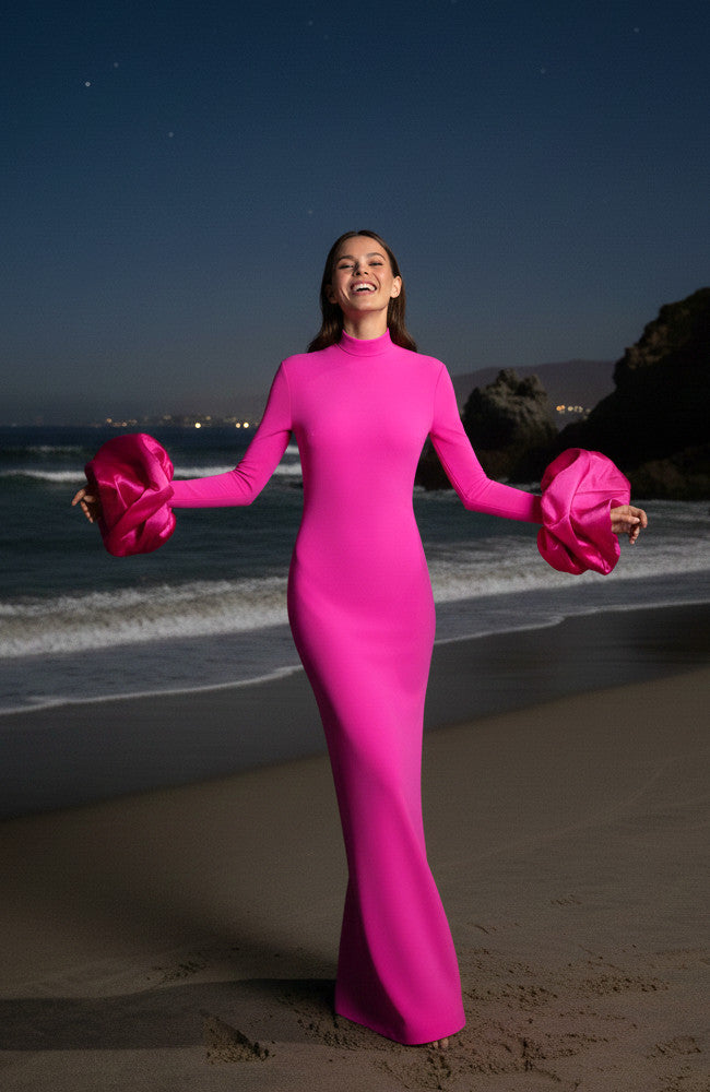 Puff Detail Long Sleeve Maxi Dress Hot Pink