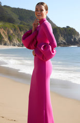 Puff Detail Long Sleeve Maxi Dress Hot Pink