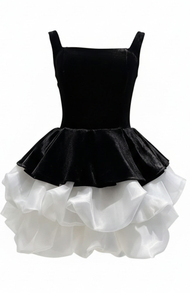 Puff Corset Velvet Dress Black White