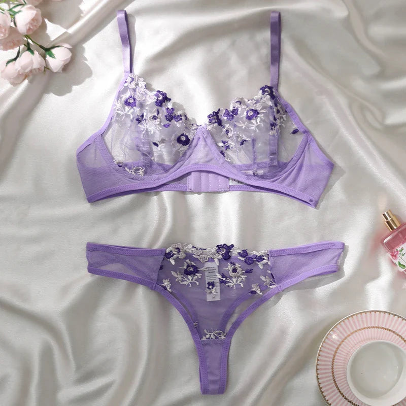 Purple Embroidery Lingerie Set Bra And Panties Sets Fancy Erotic Sleepwear Beautiful Underwear