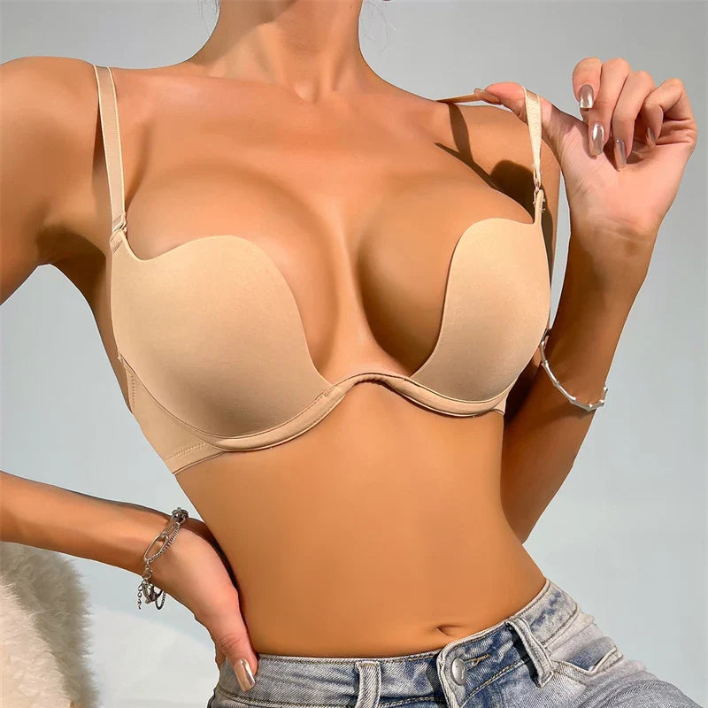 Push Up Bras Backless Bra Low Cut Gather Brassiere Open Back Wedding Underwear Invisible Seamless Deep V Lingerie