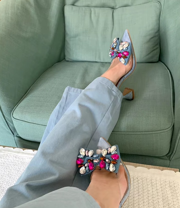 Pvc Sandals Decor Bow with Colorful Crystal Wine Cup Heels Back Straps Party Shallow Pumps