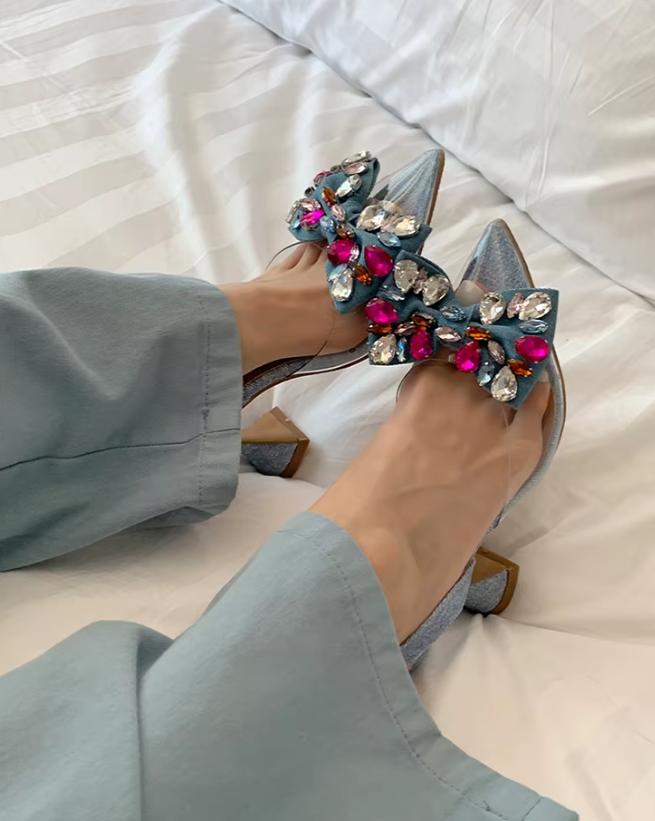 Pvc Sandals Decor Bow with Colorful Crystal Wine Cup Heels Back Straps Party Shallow Pumps