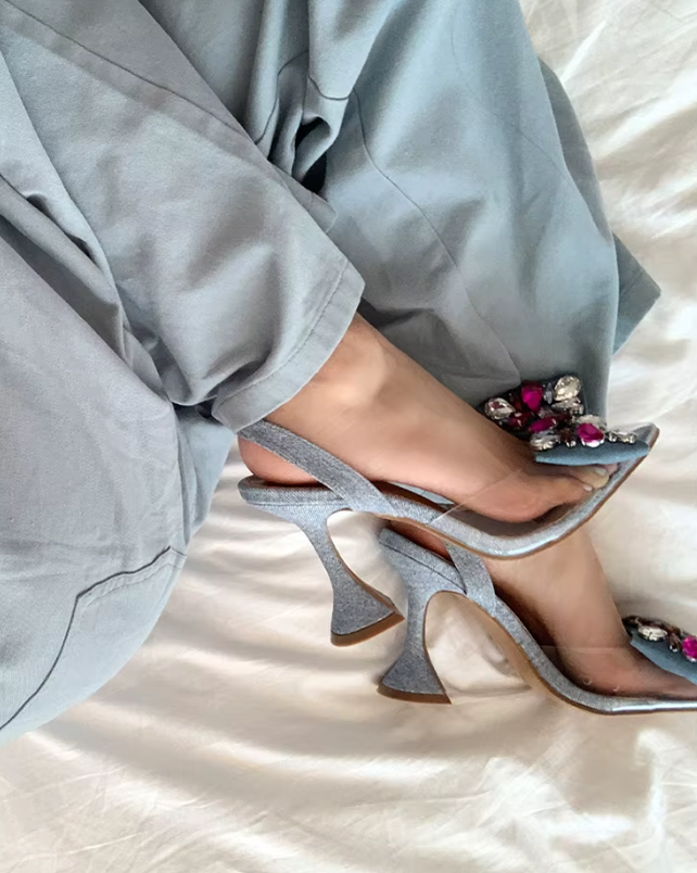 Pvc Sandals Decor Bow with Colorful Crystal Wine Cup Heels Back Straps Party Shallow Pumps
