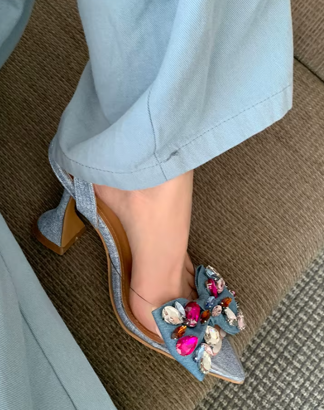 Pvc Sandals Decor Bow with Colorful Crystal Wine Cup Heels Back Straps Party Shallow Pumps